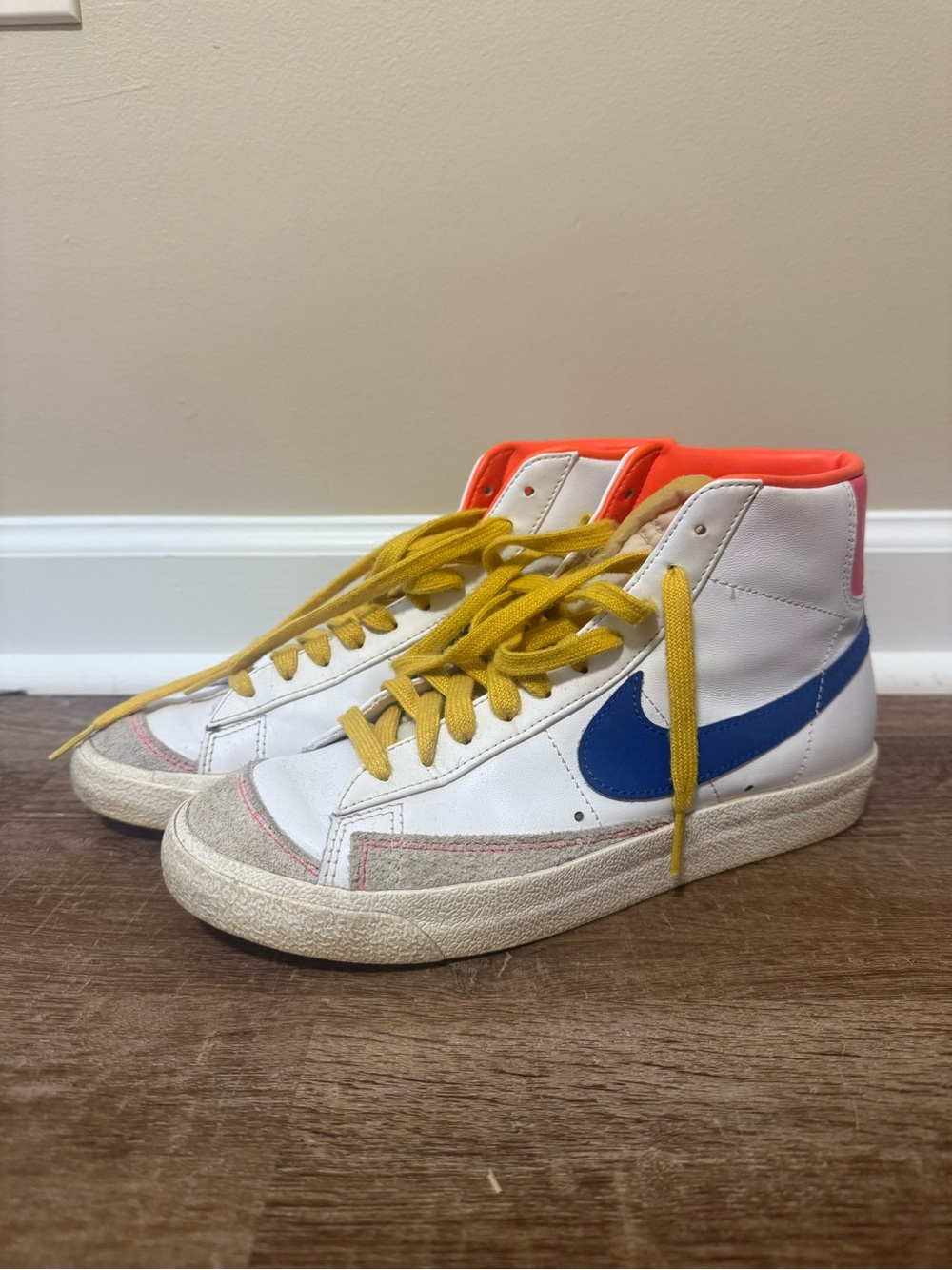Women’s Nike Blazer Mid Sneaker - White with Blue Swoosh & Pink/Orange Accents - Picture 3 of 5